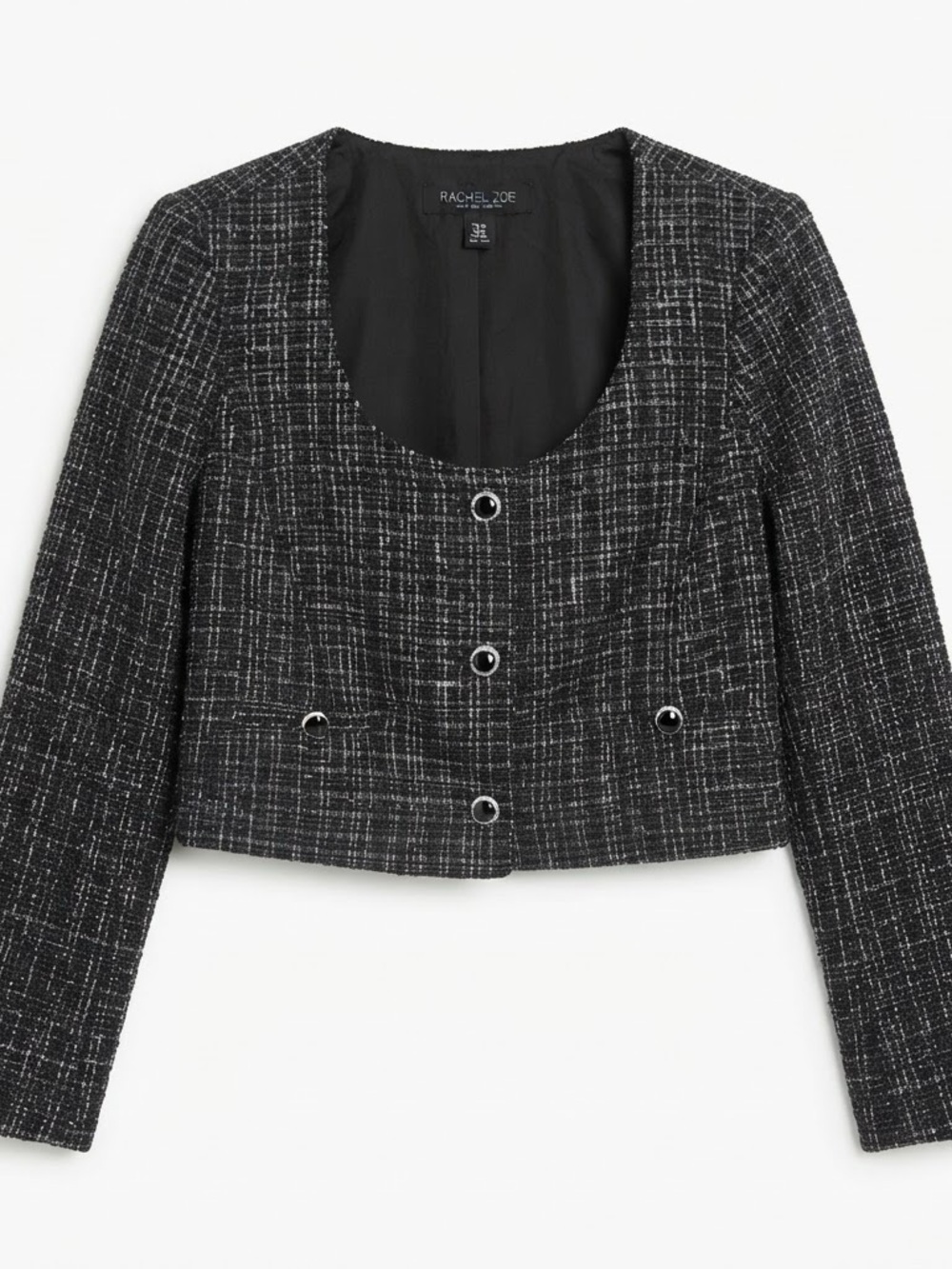 NWT Rachel Zoe Black Silver Metallic Tweed Cropped Blazer Size 10 Quiet Luxury